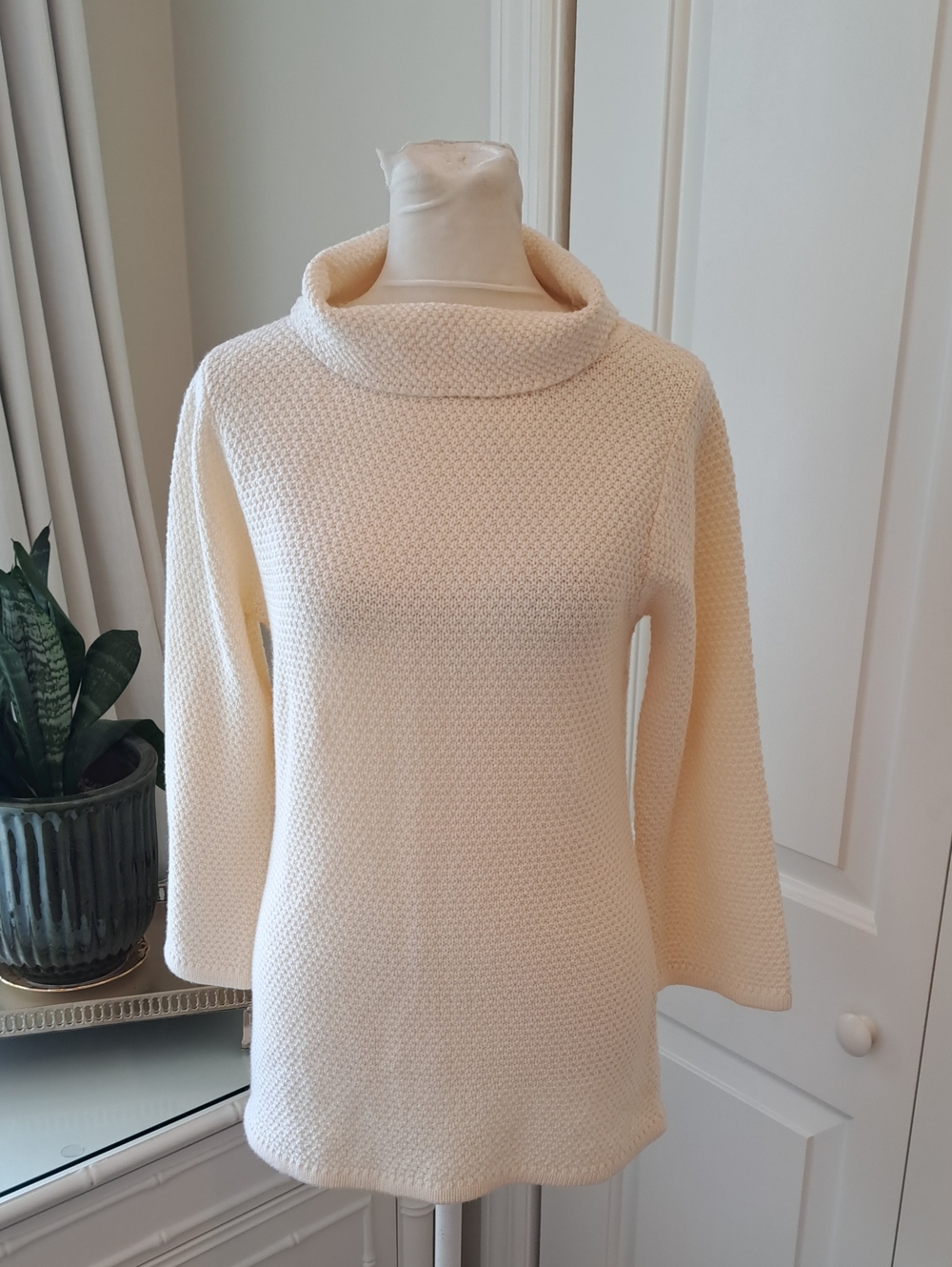 NWOT BODEN Womens Ivory Waffle Knit Cowl Neck Tunic Wool Blend Sweater 6